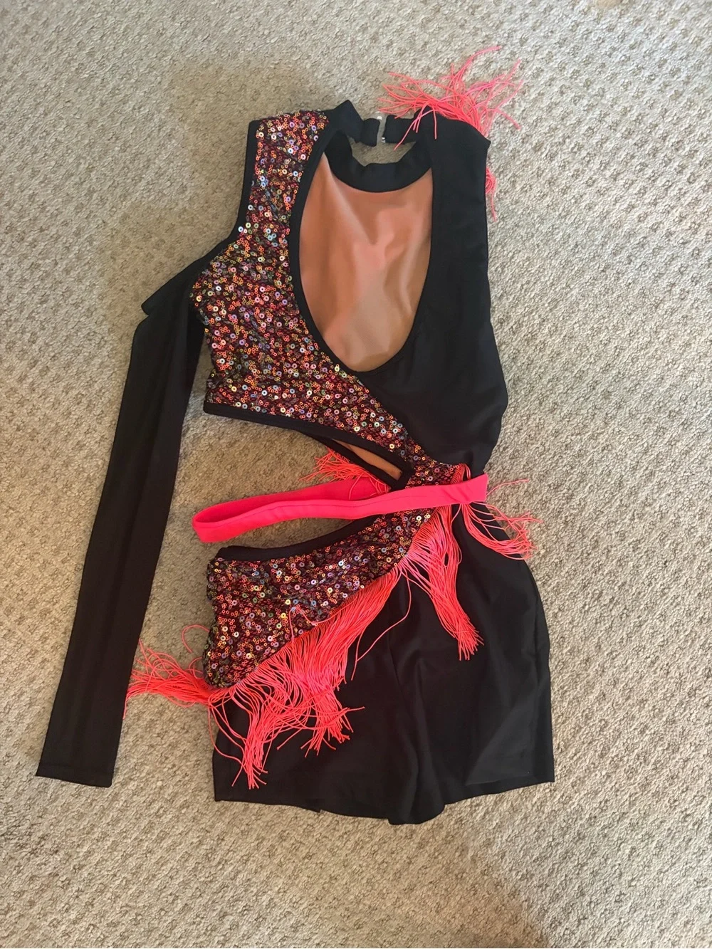Black Dance Costume with Neon Pink iridescent Sequin Accents