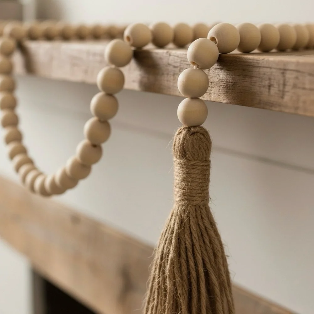Handmade Wood Bead Garland |  58” Boho Farmhouse Tassel Decor | Gift Ready