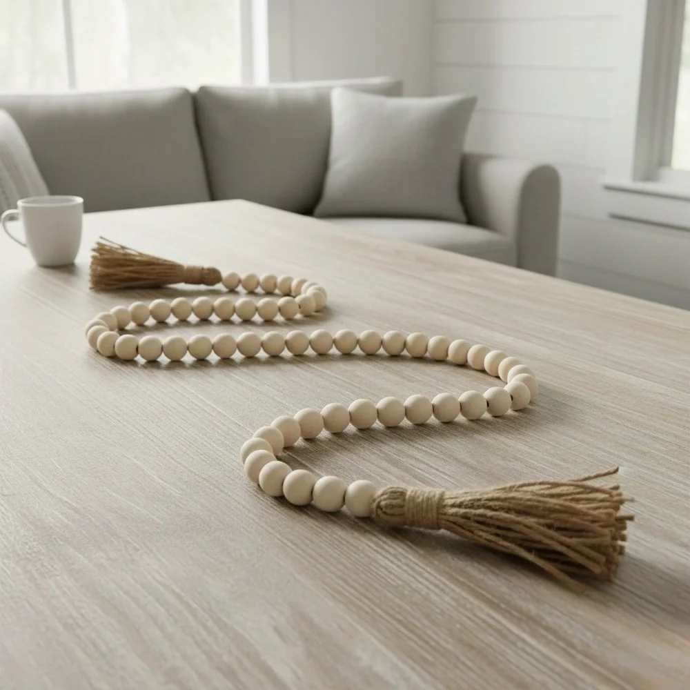 Handmade Wood Bead Garland |  58” Boho Farmhouse Tassel Decor | Gift Ready
