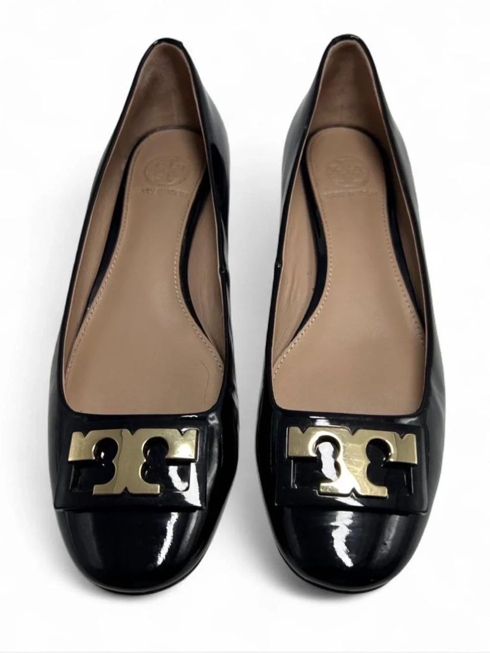 Tory Burch Gigi Pumps, glossy black patent leather, classic round toe, 