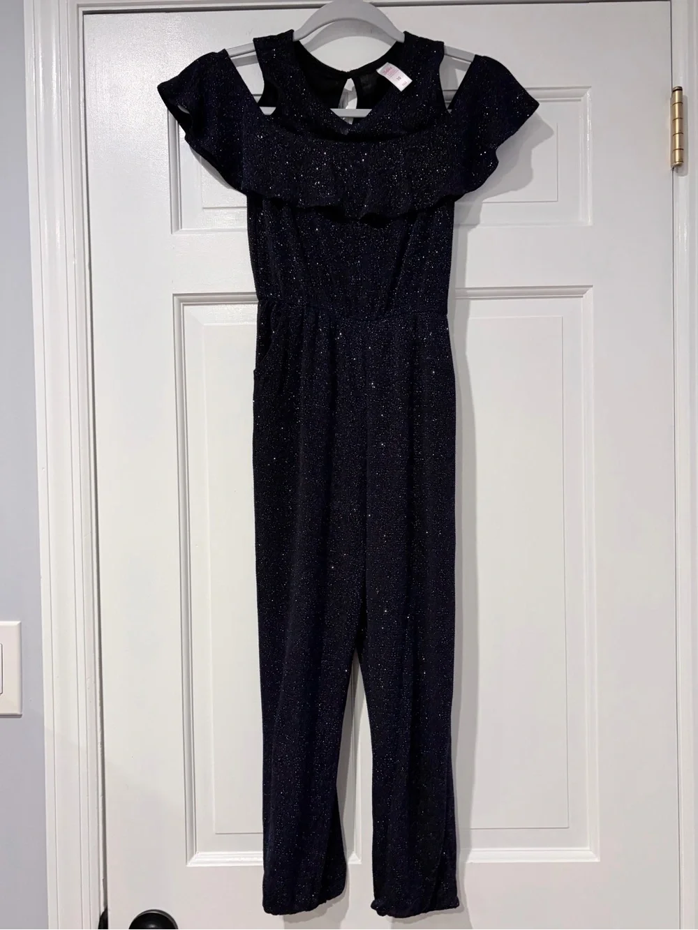 Justice Girls Sparkle Navy Blue Jumpsuit with Ruffle Neck