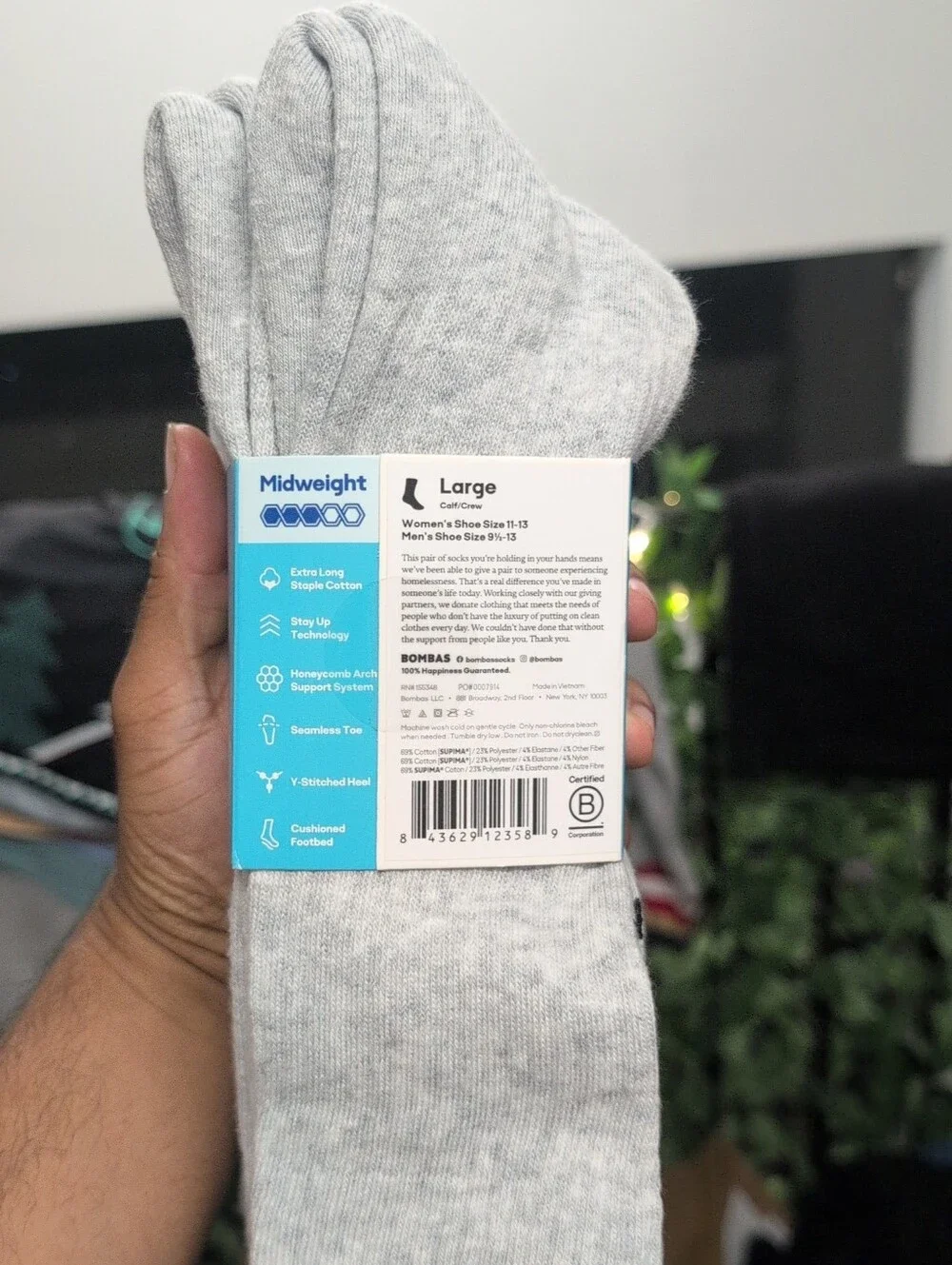 Bombas Grey Men's Midweight Crew Socks 4pk Women Size 11-13/ Men Size 9.5-13