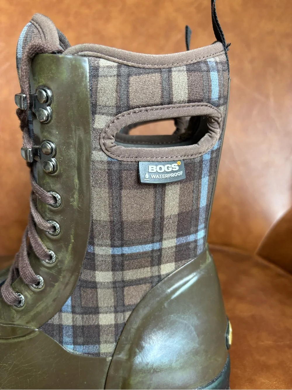BOGS Sidney Plaid Olive Green Lace-Up Waterproof Rain Winter Boots Wonen’s 10