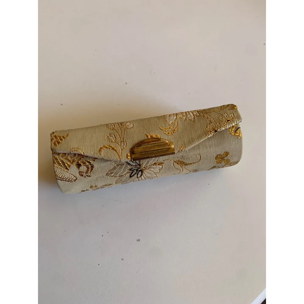 Vintage Brocade Lipstick Case Holder Gold Floral Embroidery Mirror Red Lining