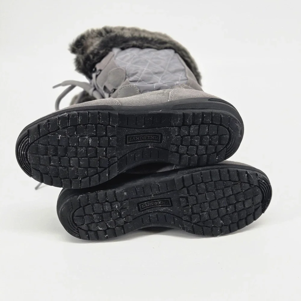 Lands' End Grey Suede Quilted Faux Fur Winter Snow Boots Comfort Shoes 6 VGUC