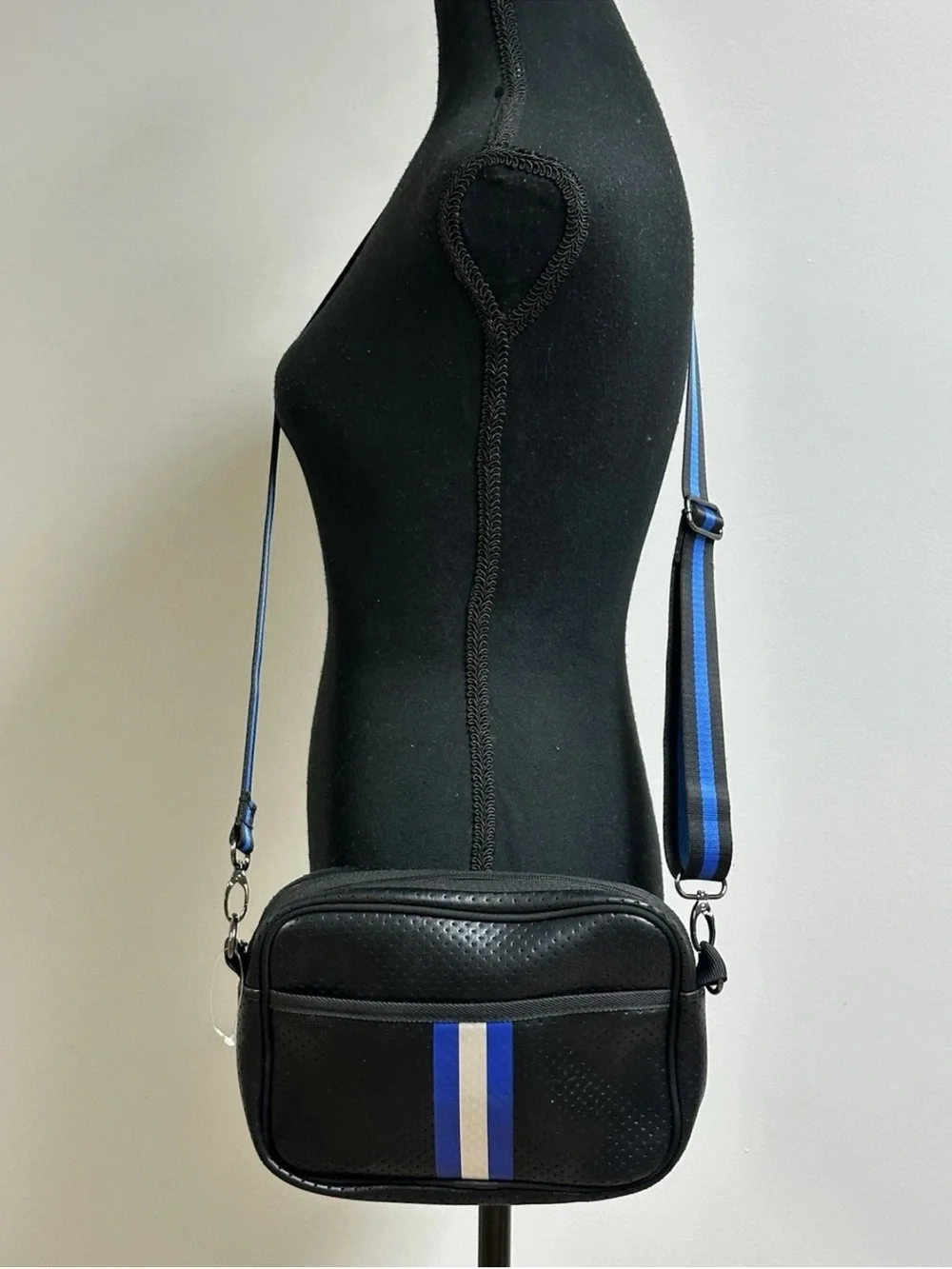 Haute Shore DREW Black Crossbody Bag Epic Blue white Stripe