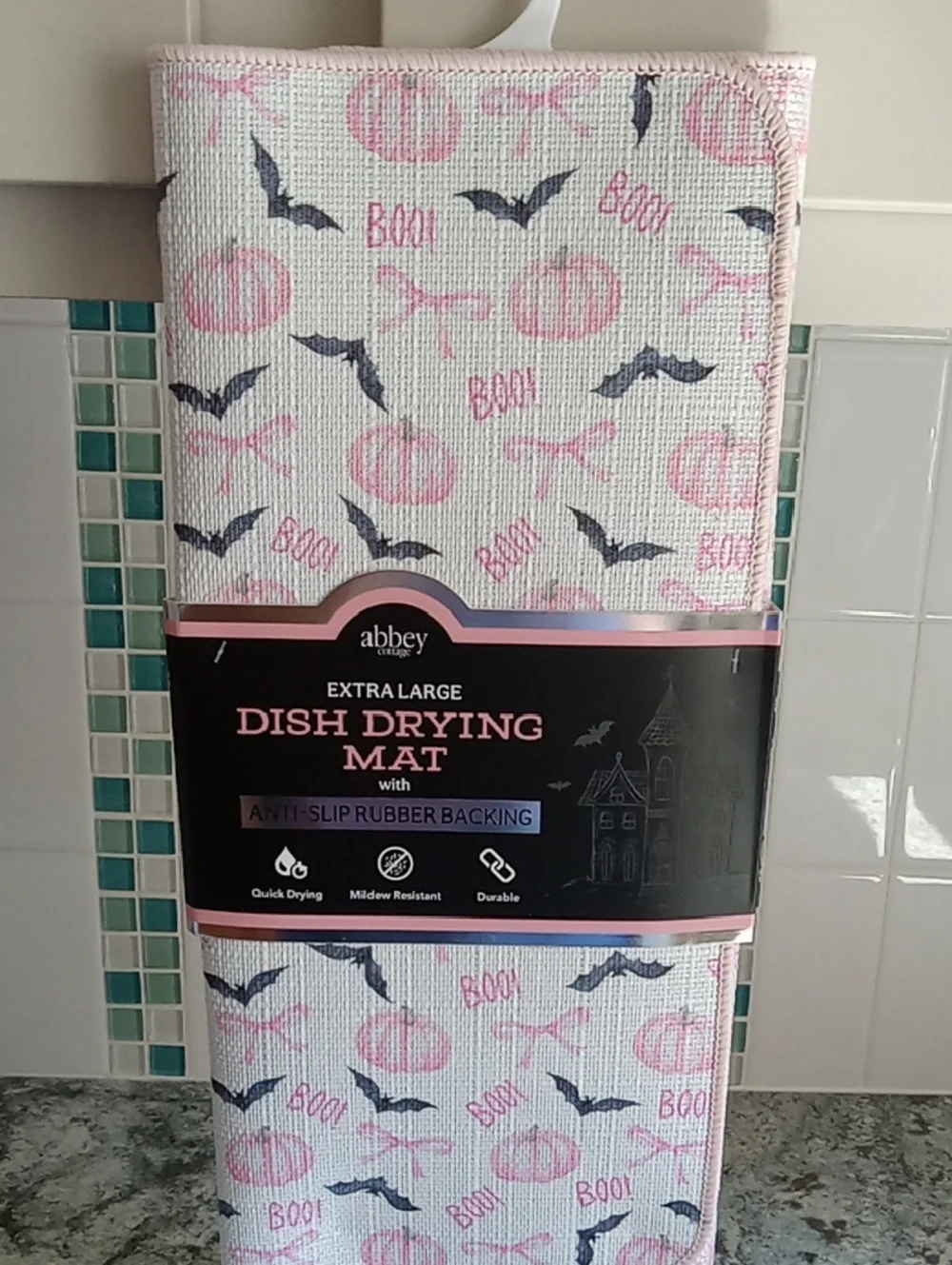 Abbey Extra Large Pink & Black Halloween Dish Drying Mat 🦇🦇🦇🎃🎃🎃🎃