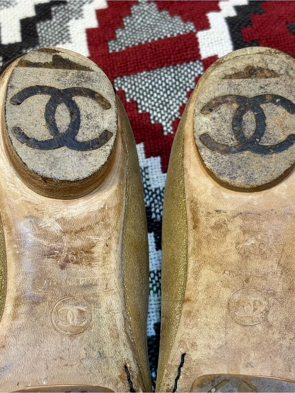 Chanel Gold and Black Cap-Toe Ballet Flats