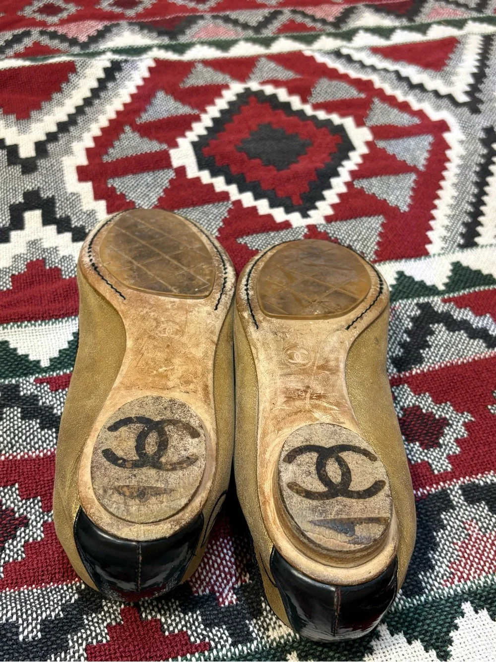 Chanel Gold and Black Cap-Toe Ballet Flats