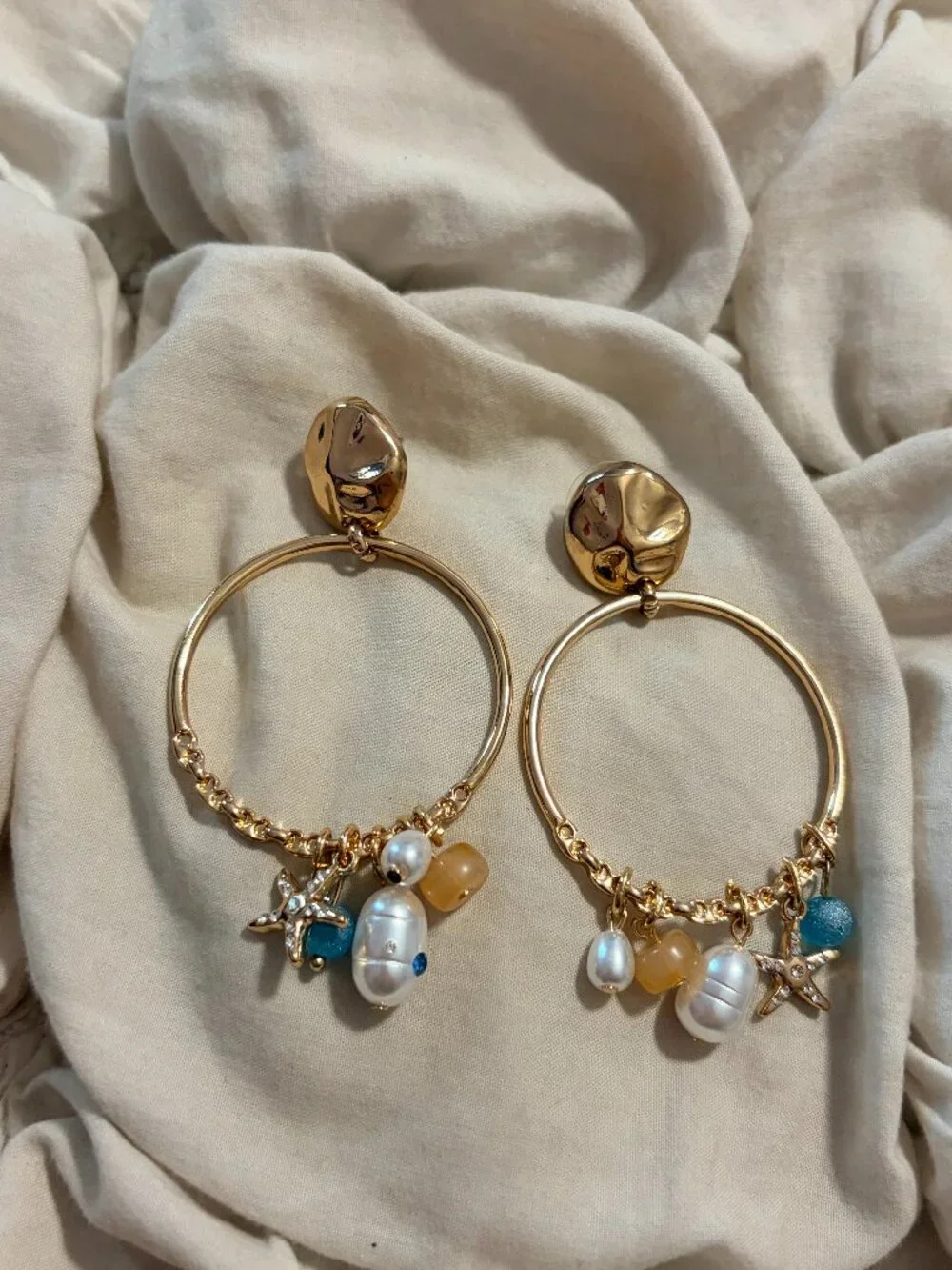 Free People Gold Tone Coastal Charm Hoop Statement Earrings