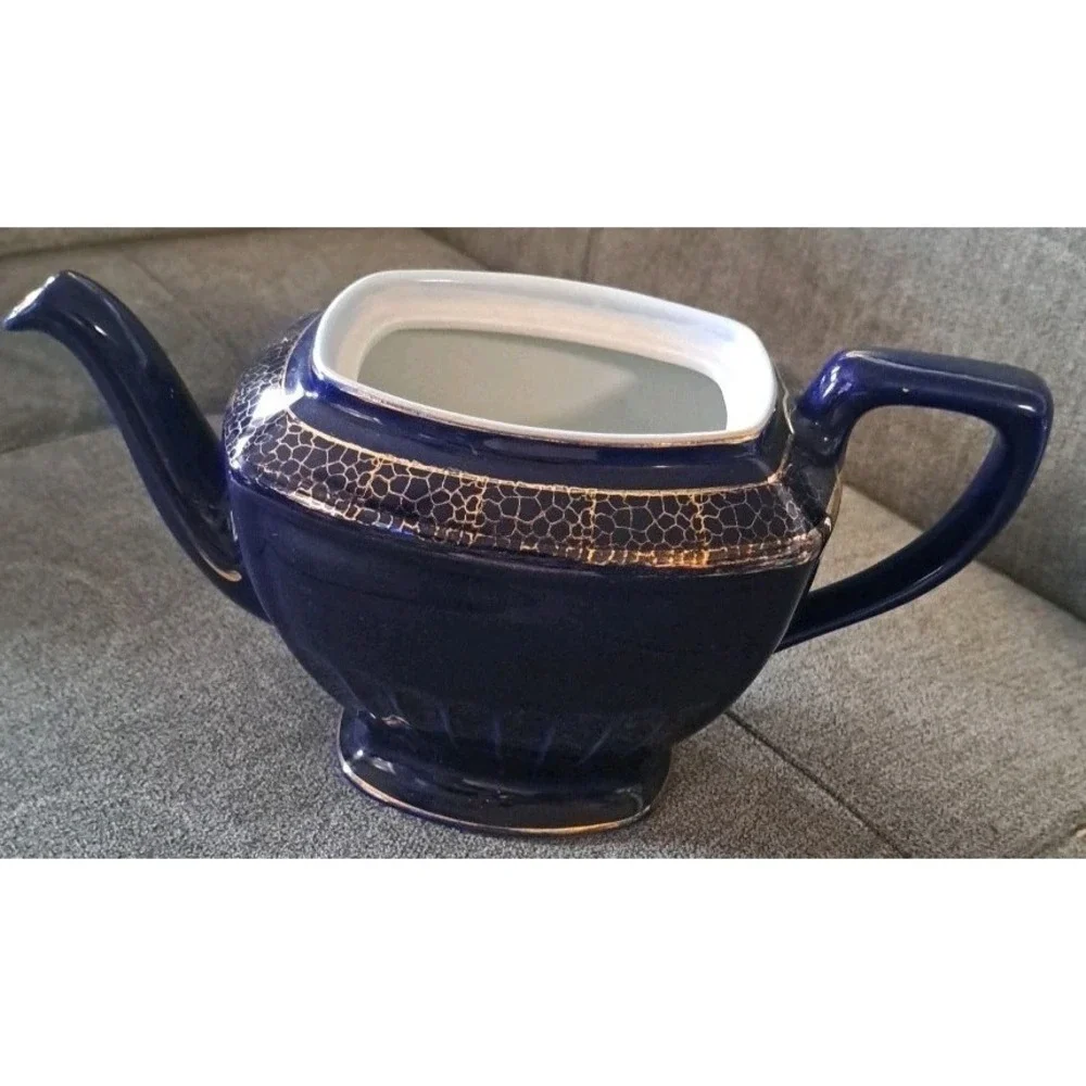 Vtg Hollywood Hall Teapot Cobalt Blue 24KT Gold Plated #103 6 Cup Missing Lid‎