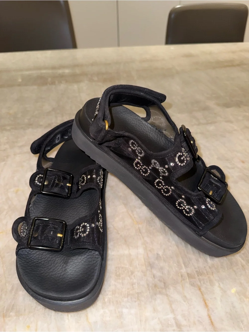 Authentic Gucci GG Crystal Mesh Platform Sandals Black Size 39 / US 9