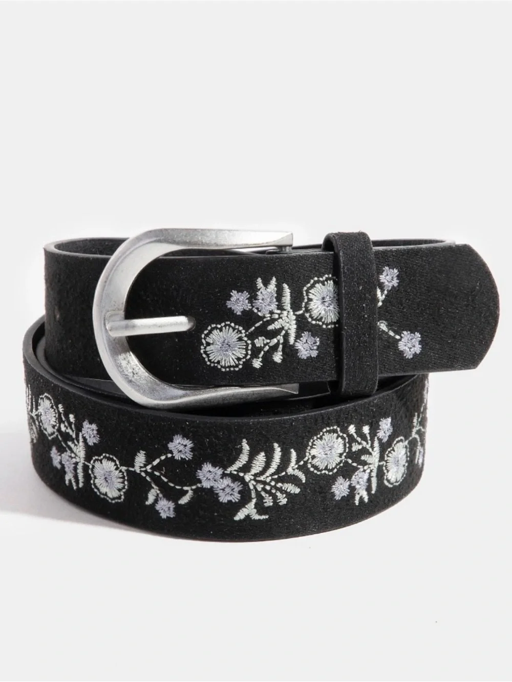 NWT Embroidered Black Suede Floral Women's Belt with Silver Buckle