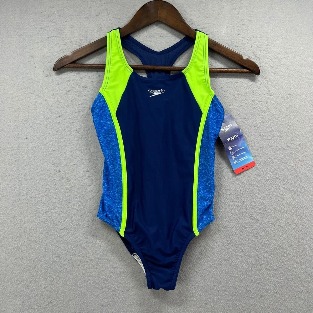 Speedo One Piece Swimsuit Girls M 10 Navy Neon Yellow Colorblock Sporty Pool NEW