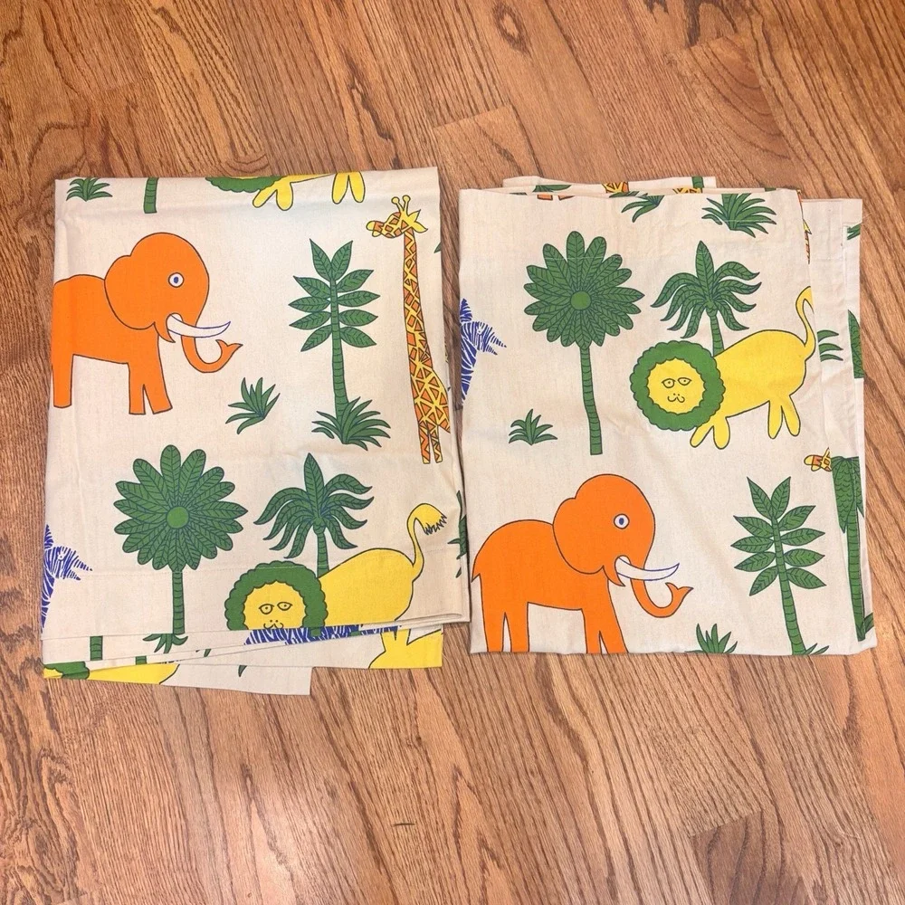 Vintage Mid Century Jungle Safari‎ Curtain Panels Set of 2 Elephants Lions Zebra