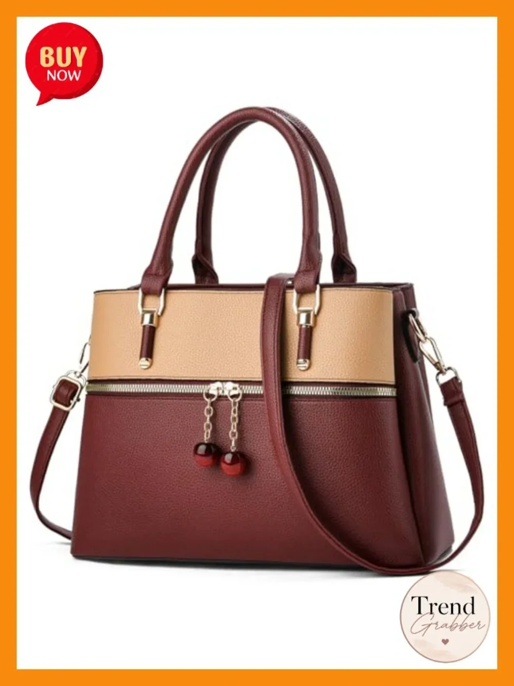 Dual-tone Tote Satchel with 3 Zip Compartments, Faux Leather