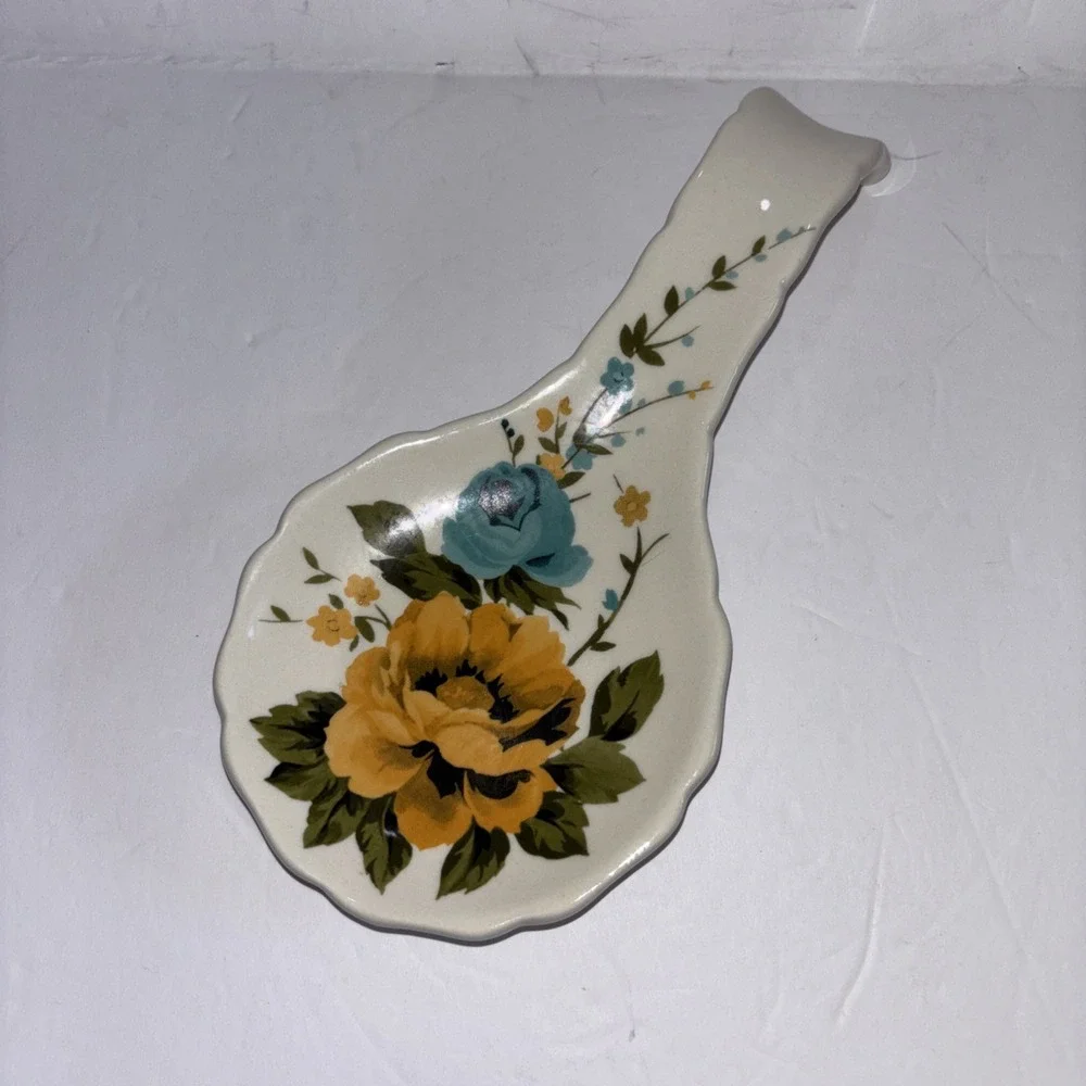 Pioneer Woman Retro Rose Shadow Yellow Floral Stoneware Spoon Holder  8.75