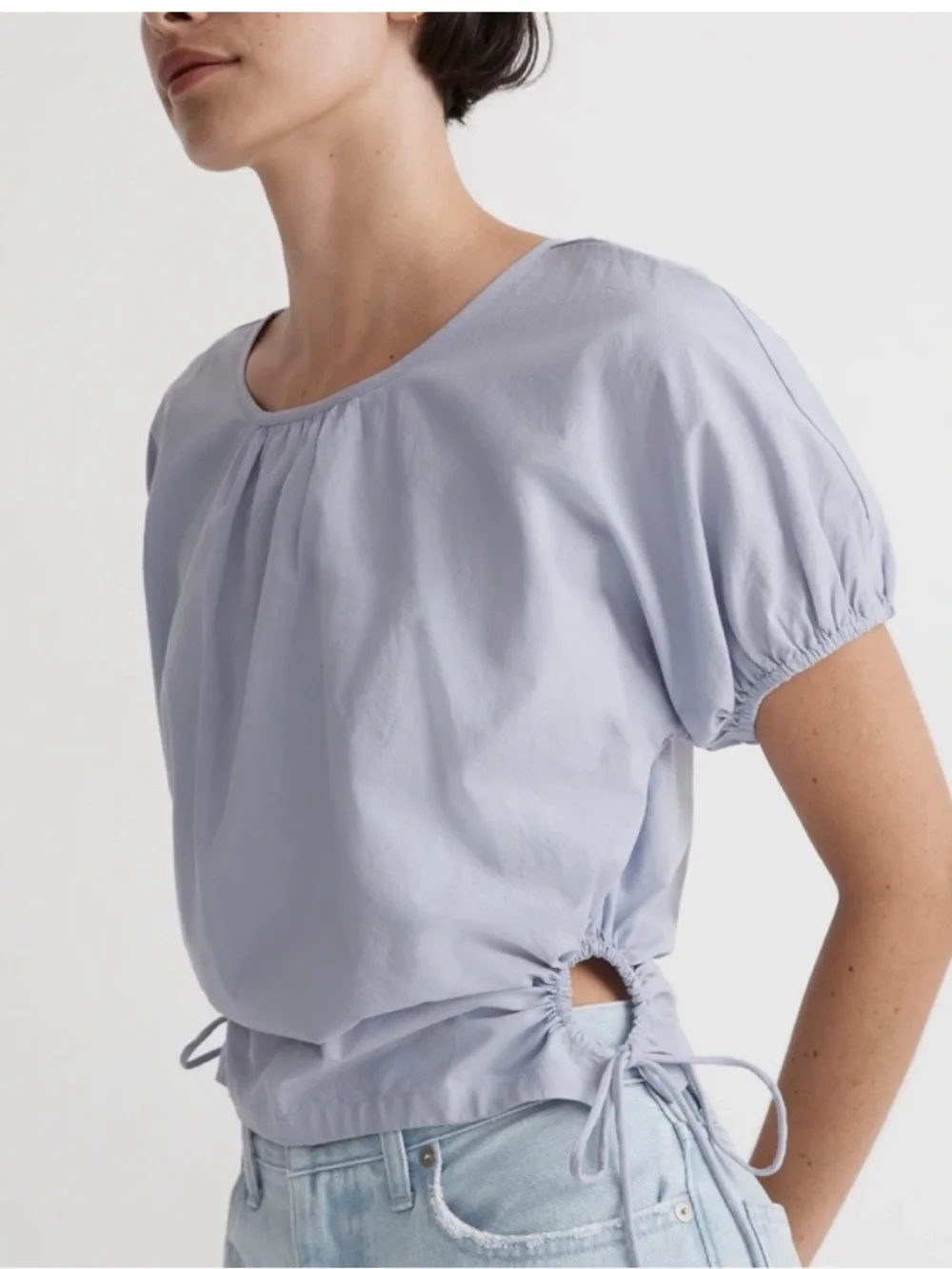 Madewell Light Lavender Short-Sleeve Poplin Top with Side Tie Cutout