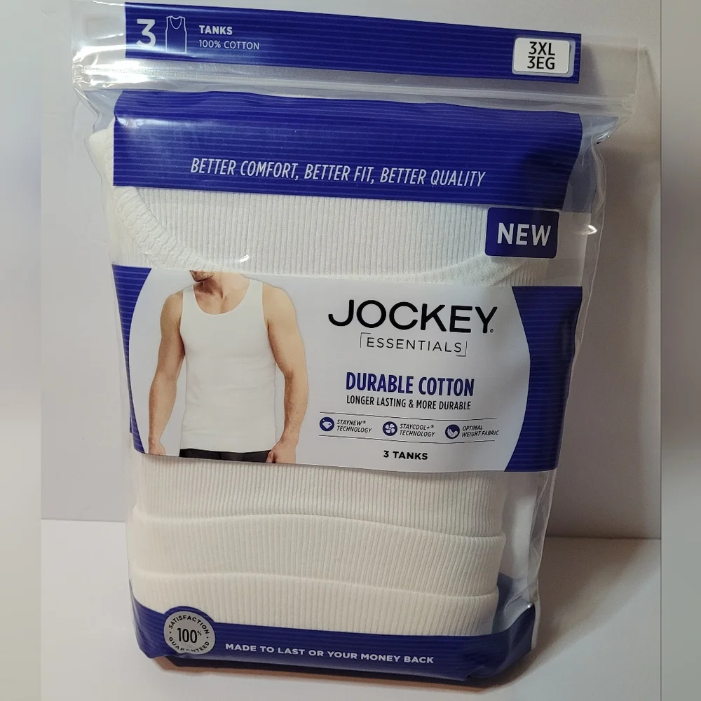 Jockey Essentials Durable Cotton White Tank Tops - 3 Pack Size 3XL