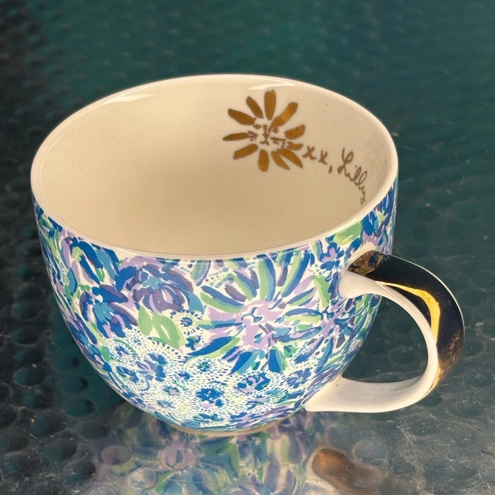 Lilly Pulitzer Turquoise Gold Blue Green Purple Lion Flower Coffee Mug Tea Cup
