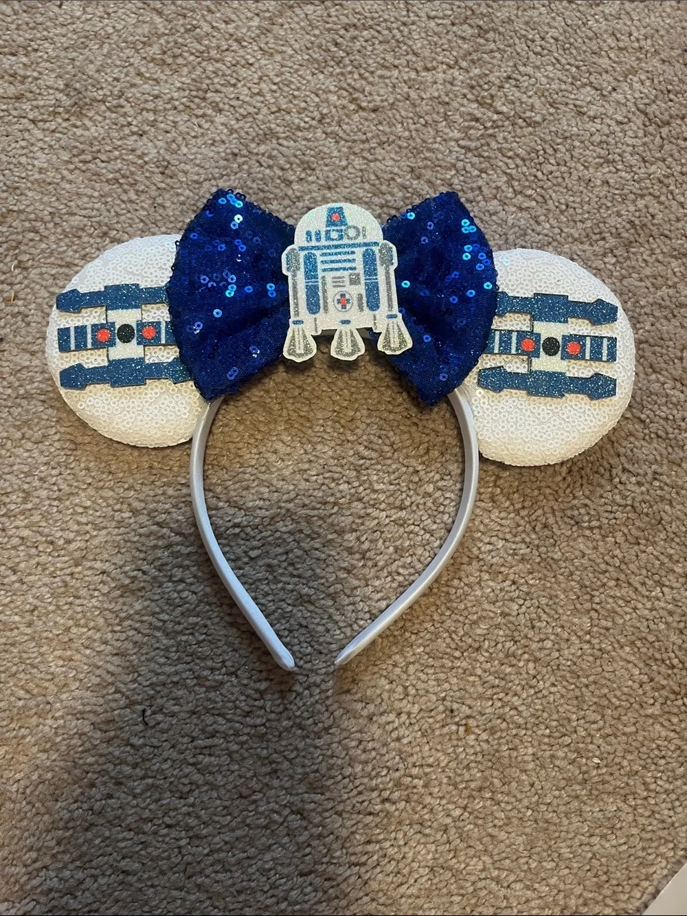 R2-D2 Sequin Mouse Ear Headband with Blue Bow