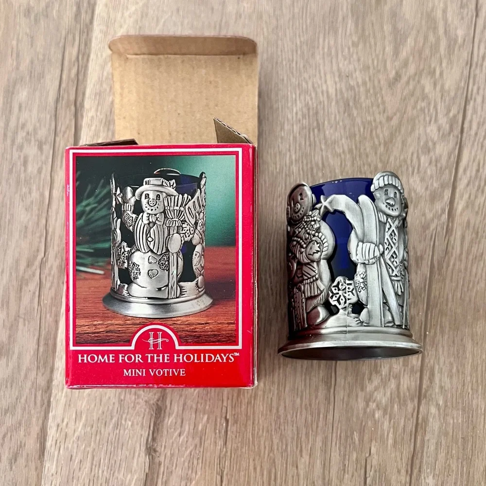 NIB Home For The Holidays Mini Votive Candle Holder Pewter Blue Glass Snow‎ Man