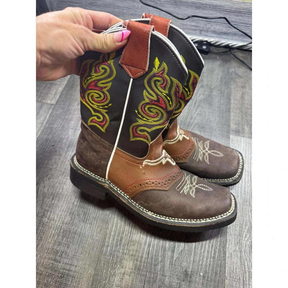 Monte Real Kids Brown Leather Square Toe Western Cowboy Boots Size 2.5
