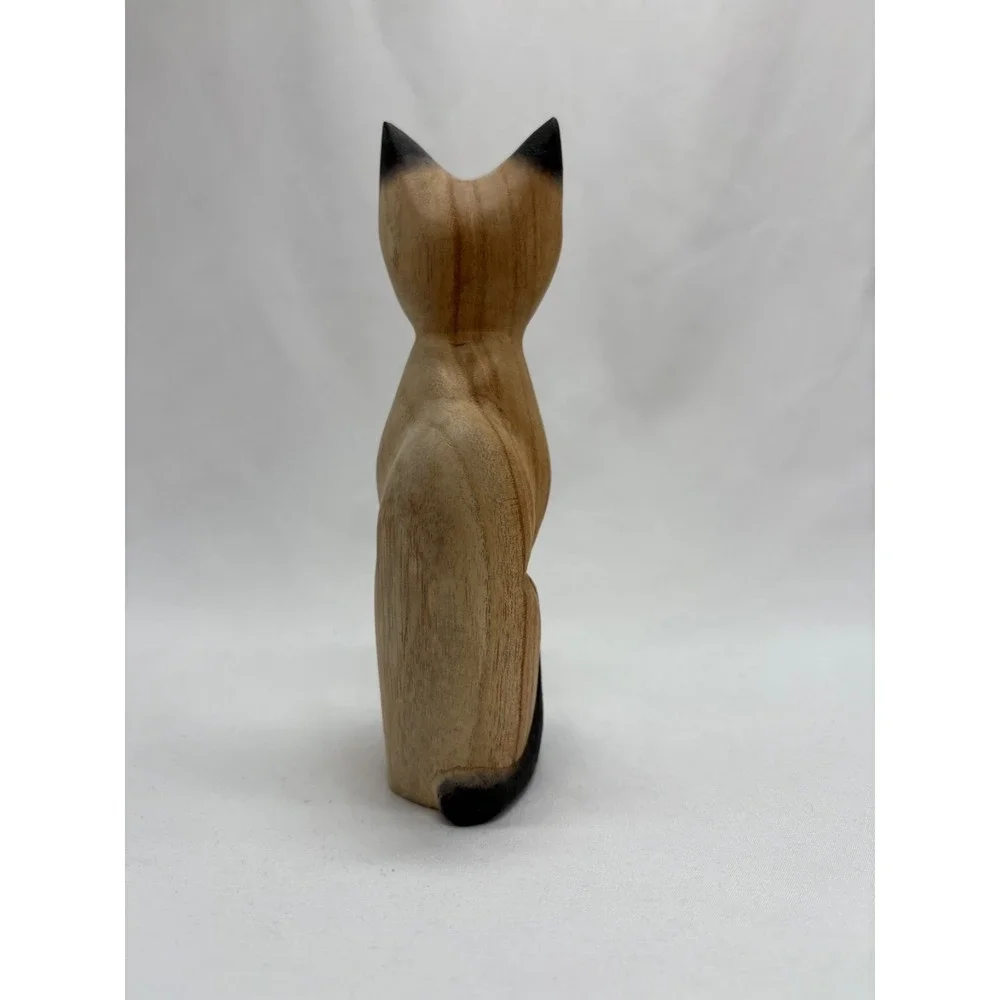 7'' Wood Siamese Cat Hand Carved Painted Figurine Made in Indonesia Blue Eyes