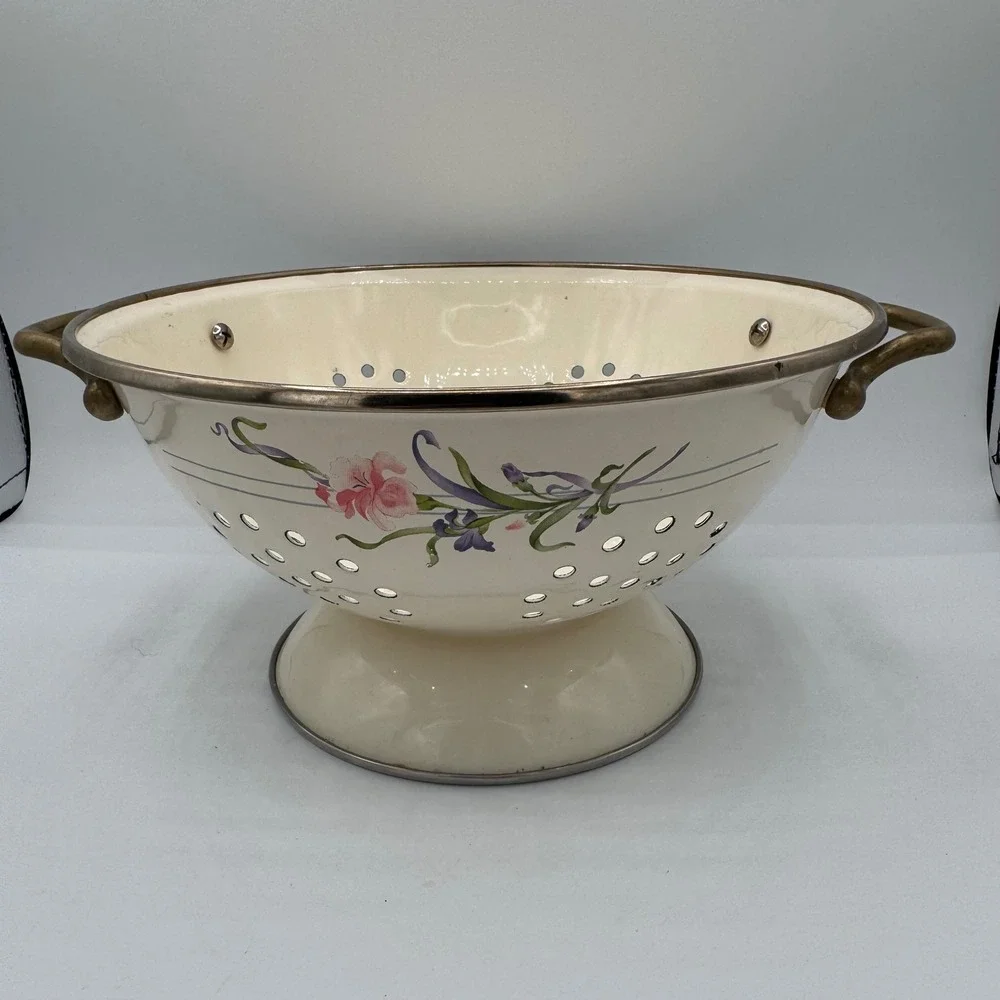 Vintage Enamel Floral Colander Cream Pedestal Strainer Brass Handles Floral Bowl