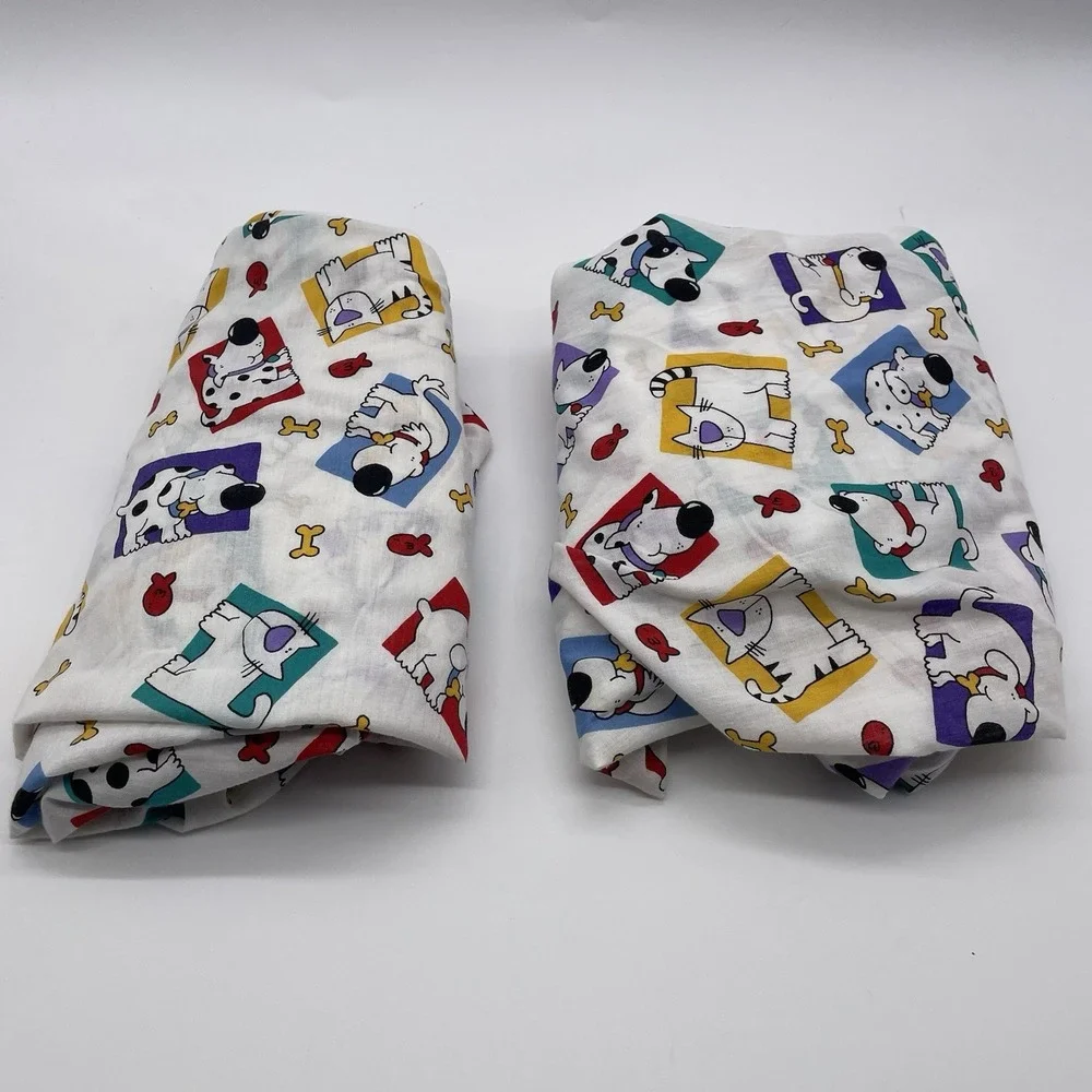 2- Vintage Dundee Baby Blanket Crib  Cartoon Dogs &‎ Cats Print Cotton Blend