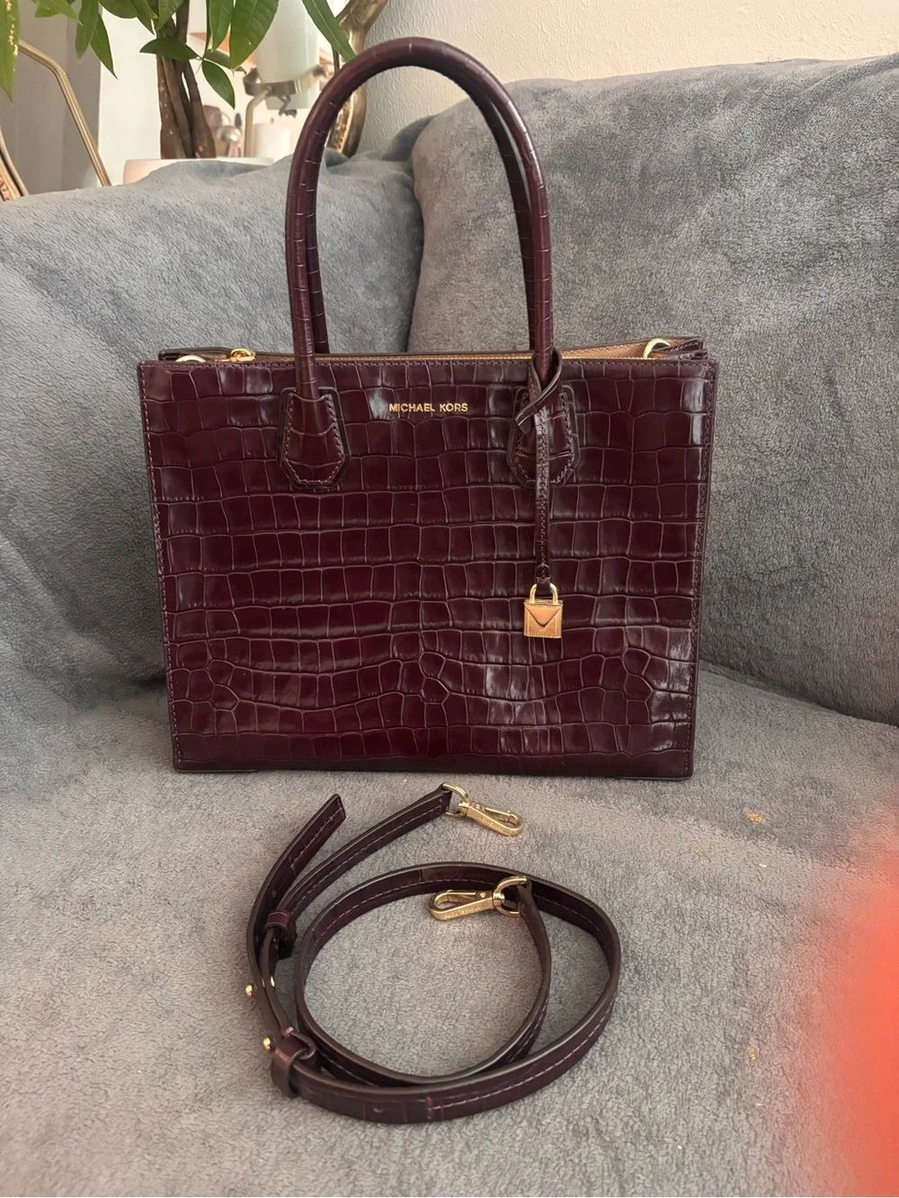 Gorgeous Michael Kors Croc-Embossed Satchel in Burgundy with Gold Hardware