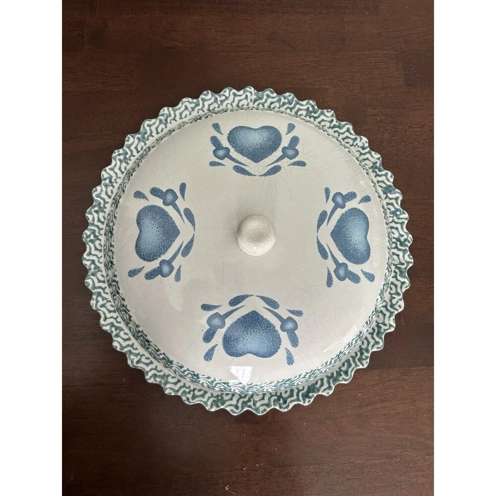 Blue Heart Spongeware 11”  Country Ceramic Pie Keeper Cottagecore Grannycore