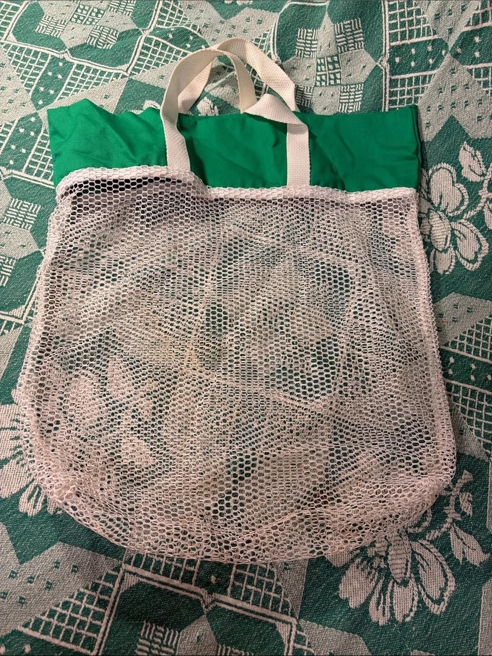 Vintage Green and White Mesh Tote