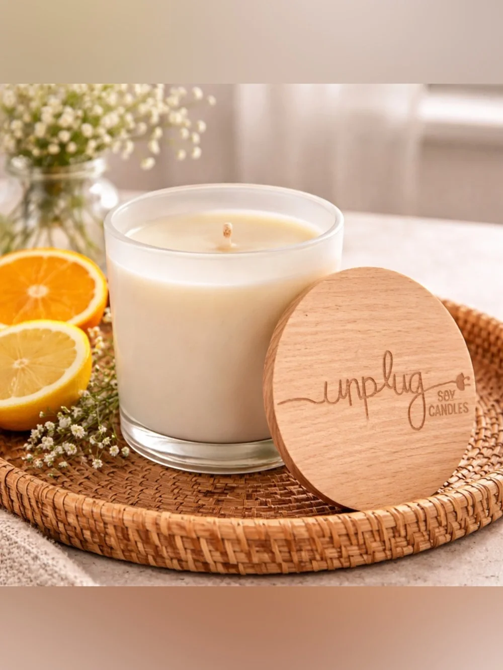 Unplug Sugared Citrus Scented Candle 13oz Frosted Glass | Wooden Lid Home Decor
