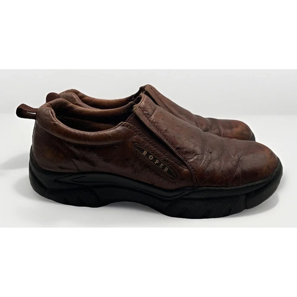 Roper‎ Performance Shoes Leather Brown Ostrich Embossed Slip on Loafers ~ Sz 8