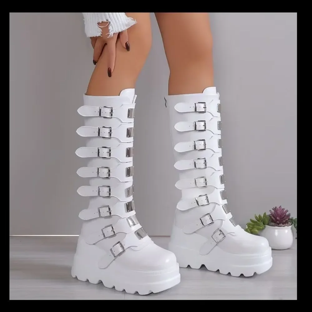 MISSLOOK White Over the Knee Buckle Boots