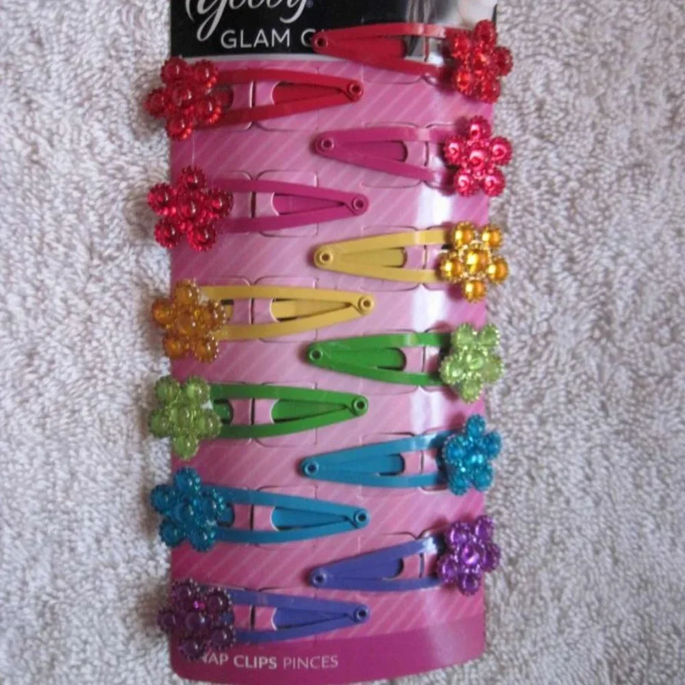 12 Goody Glam Girls Bright Painted Metal Snap Hair Clips Plastic Flower Gems