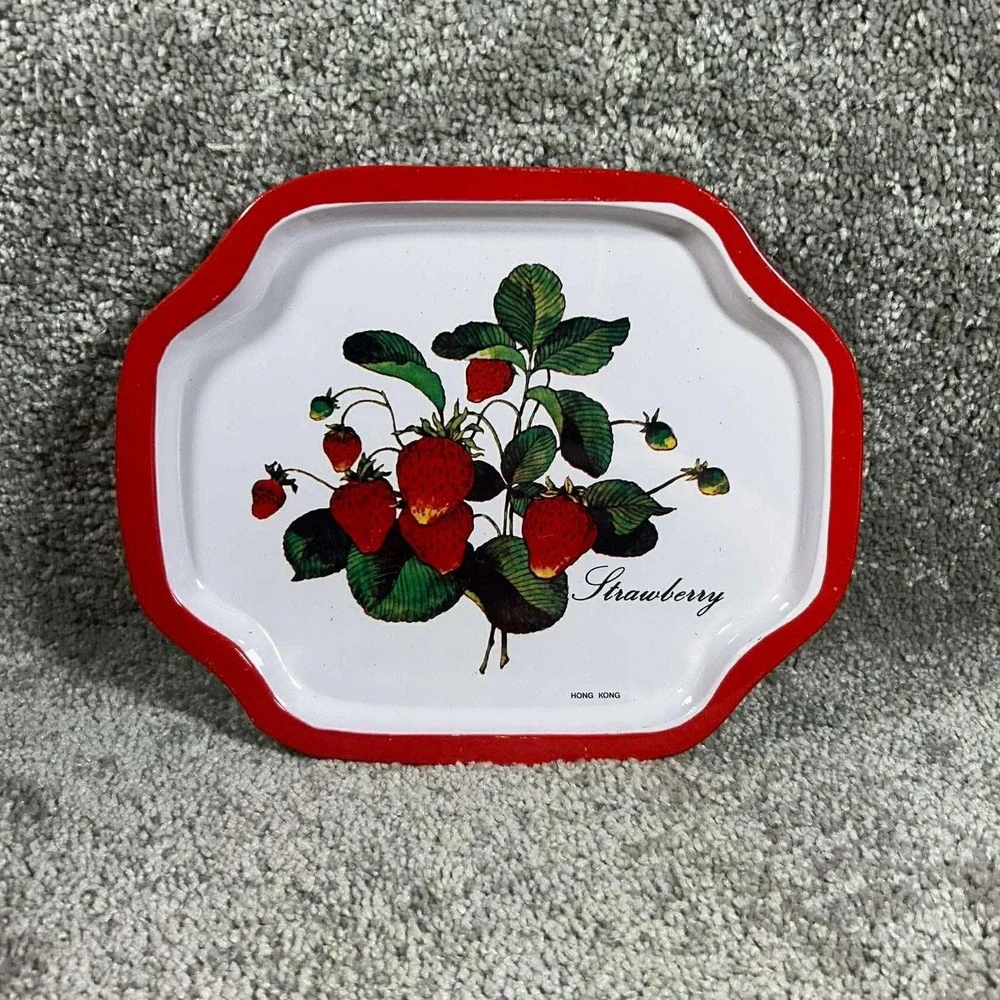 Vintage‎ Strawberry Metal Tin Tray Collectible Strawberries Hong Kong 8x6