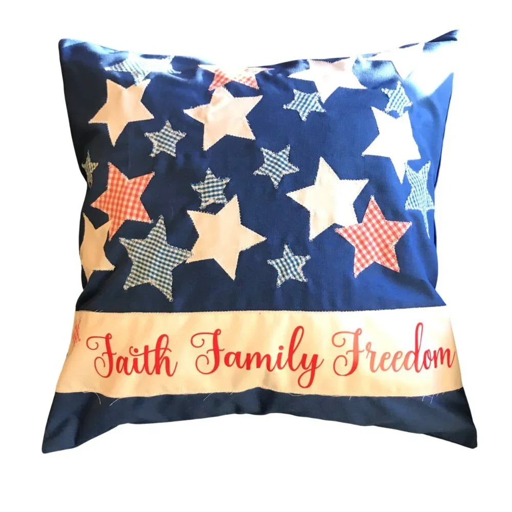 Patriotic Pillow Cover, Patchwork Stars Faith Family Freedom Applique 18 x 18