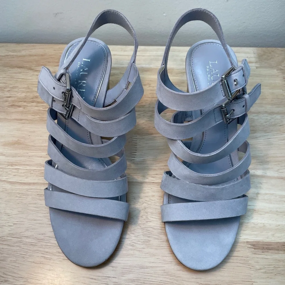 Lauren Ralph‎ Lauren Aleigh Strappy Suede Wedge Sandals Grey Lavender 6.5B