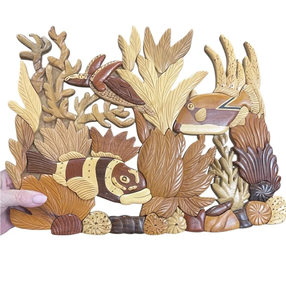 Vintage Fish Wood Carving Leaves Coral Art, Wall Decoration 100% Wood Handcrafte