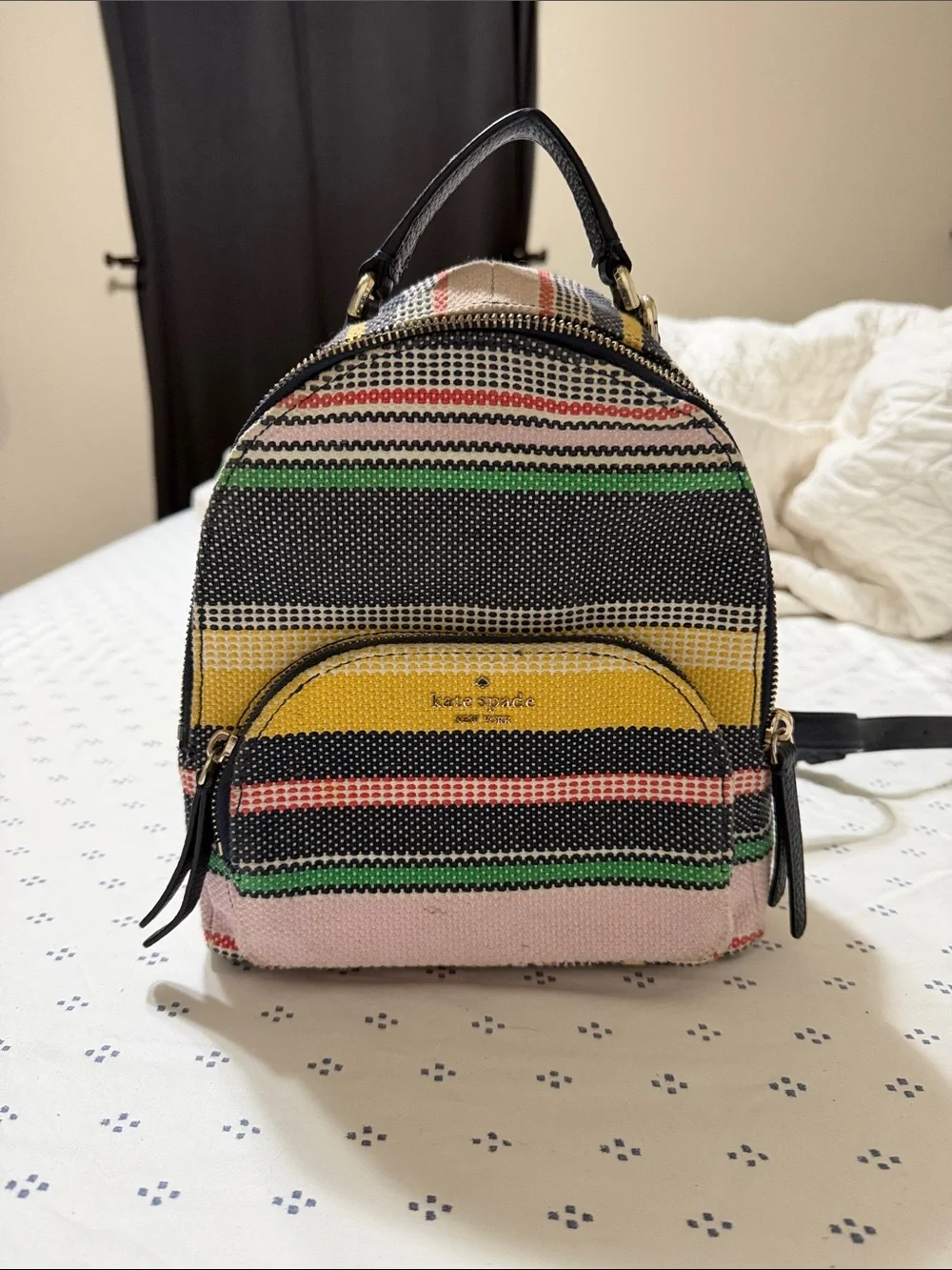 kate spade striped woven mini backpack - black, yellow, pink, green