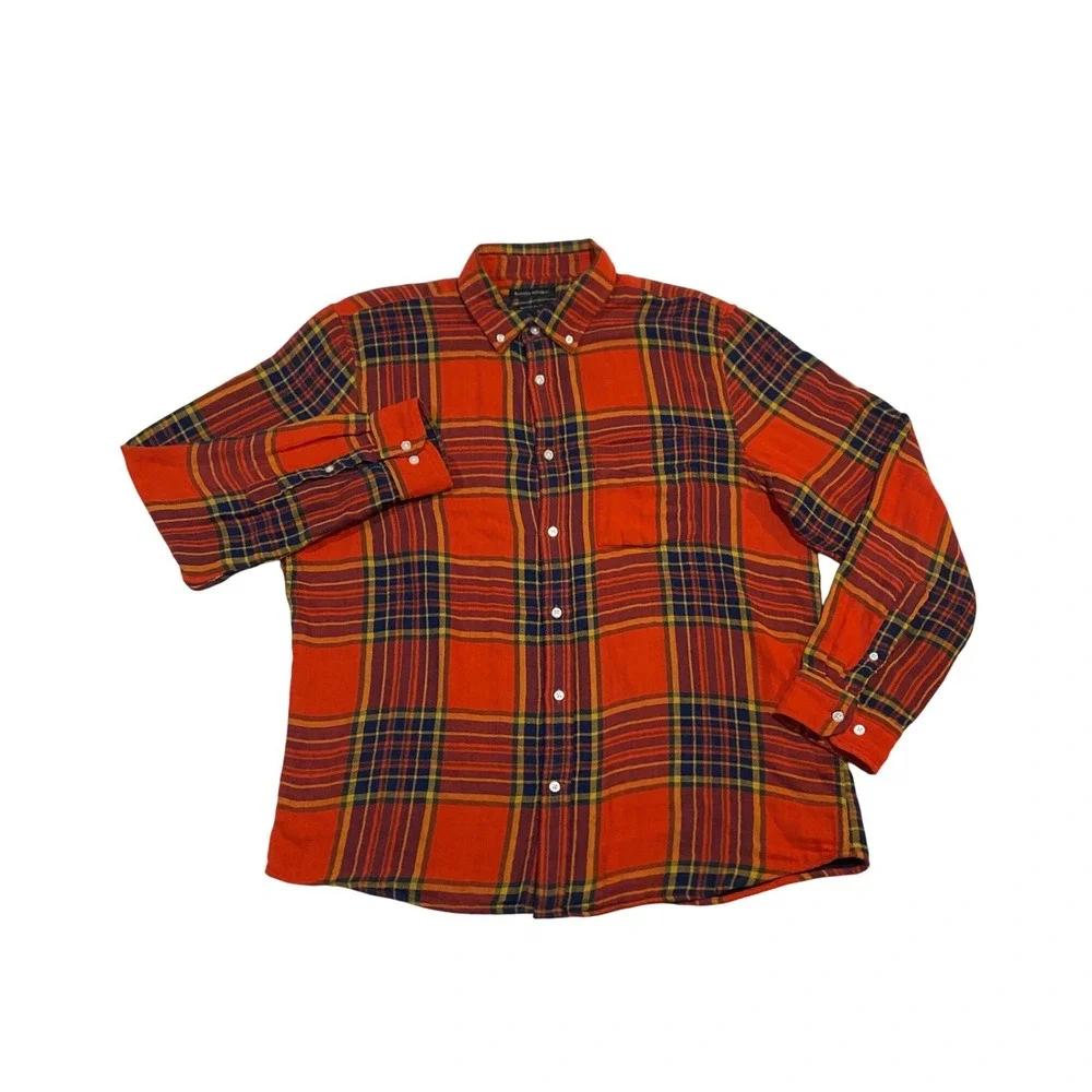 Banana Republic Mens XL Untucked Slim Fit Orange Plaid Flannel Shirt 598695-01