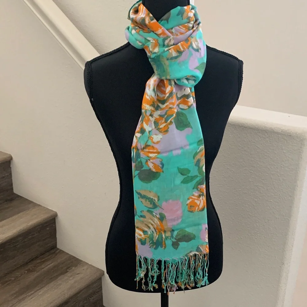 Isaac Mizrahi Vibrant Floral Scarf - Aqua and Tangerine