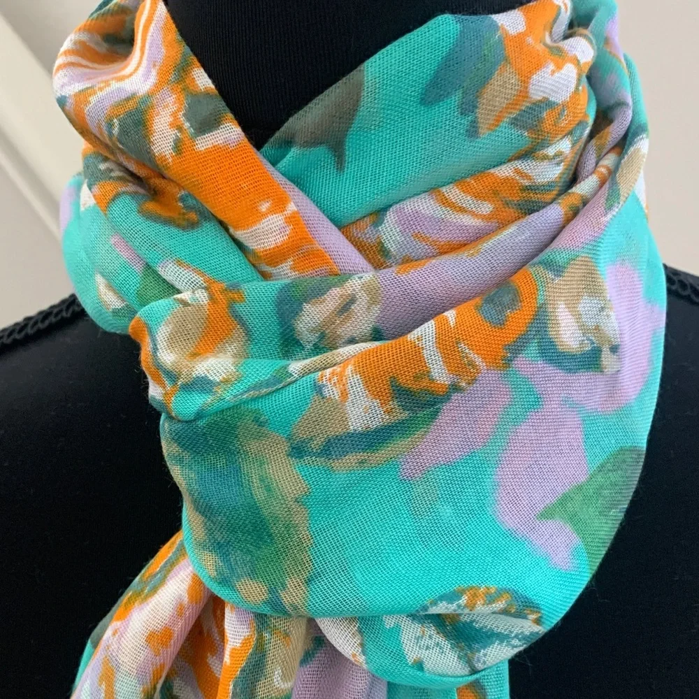 Isaac Mizrahi Vibrant Floral Scarf - Aqua and Tangerine