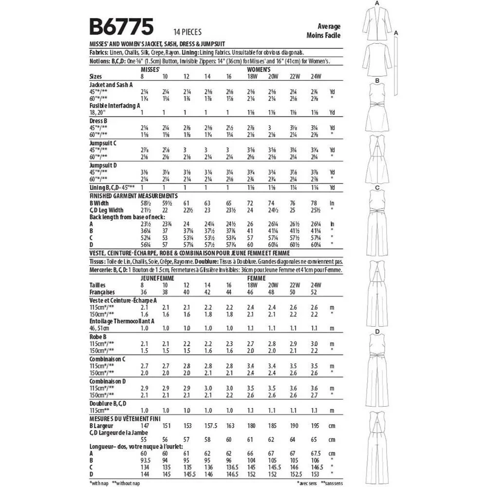 Butterick Sewing Pattern 10804/6775 Jacket‎ Dress Sash Jumpsuit Size 18-24