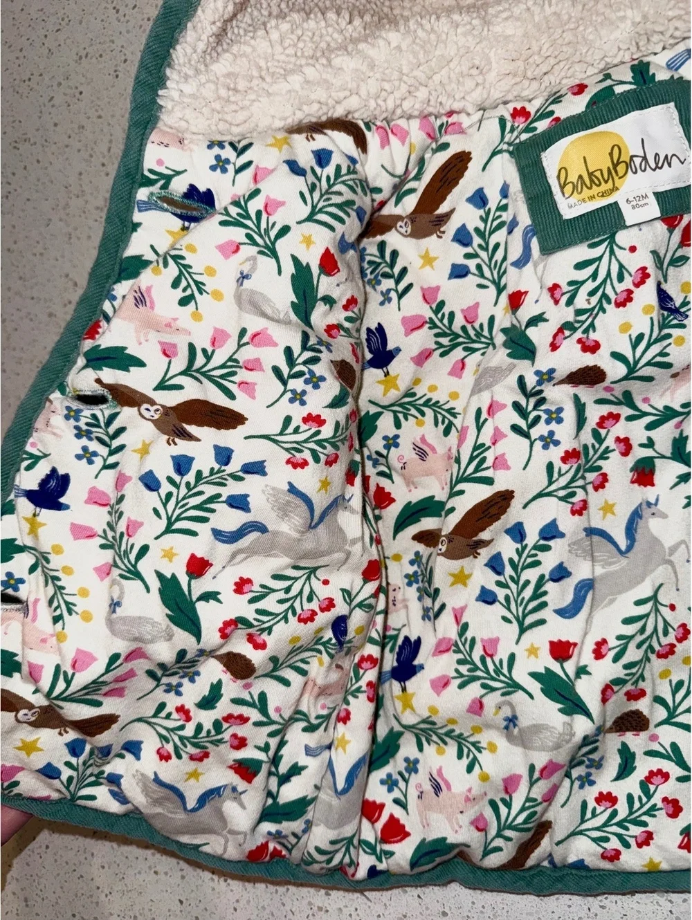 Baby Boden Green Hooded Jacket with Animal Print Lining Size 6-12 Months