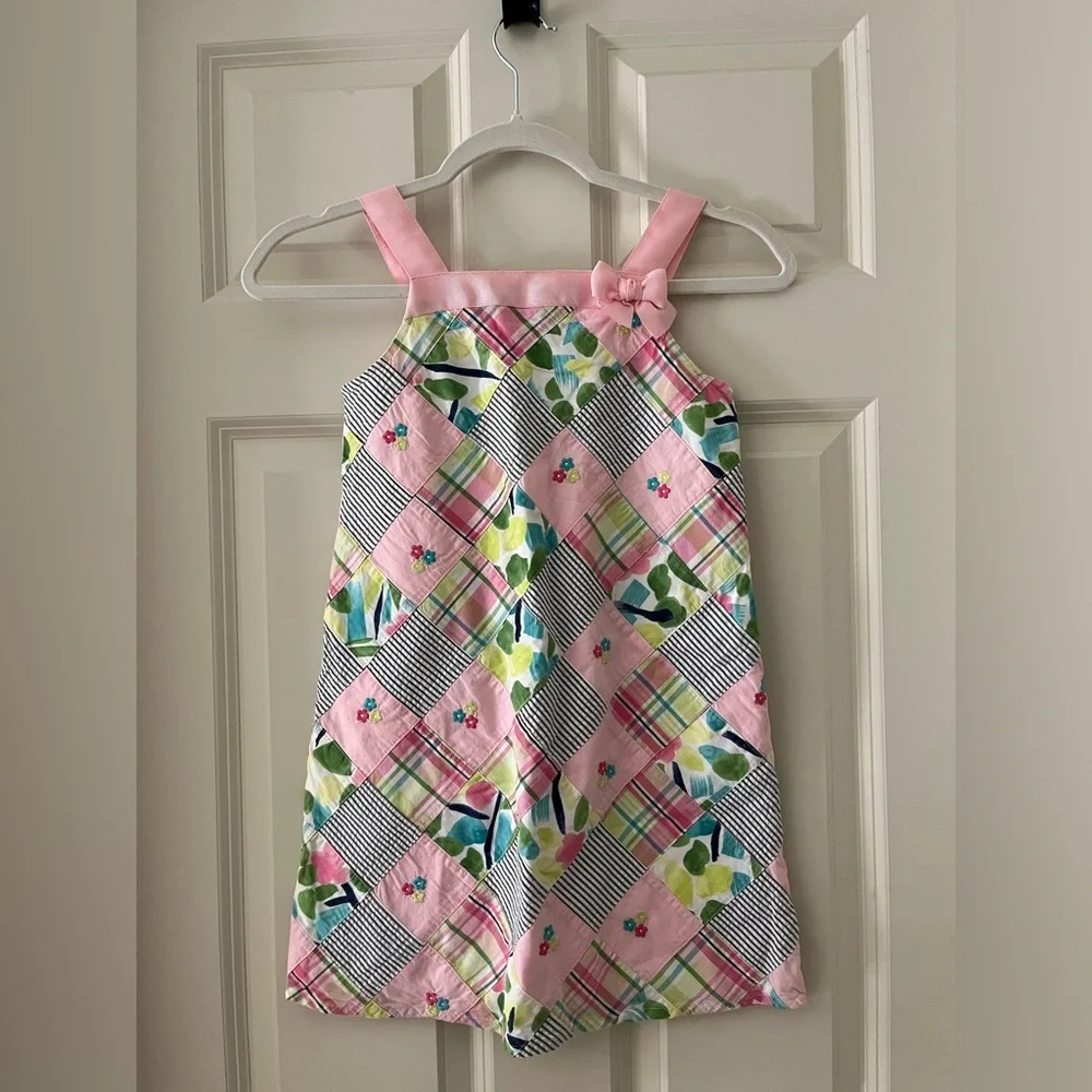 Gymboree patchwork sleeveless sundress w/ pink ribbon shoulder straps girls 7