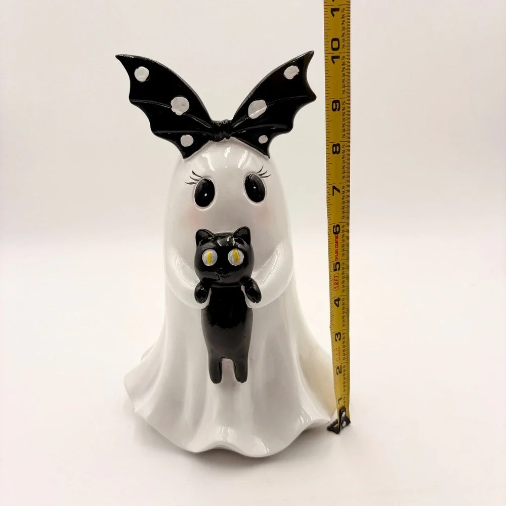 Halloween Ghost Figurine with Black Cat and Bat Wing Bow Decor