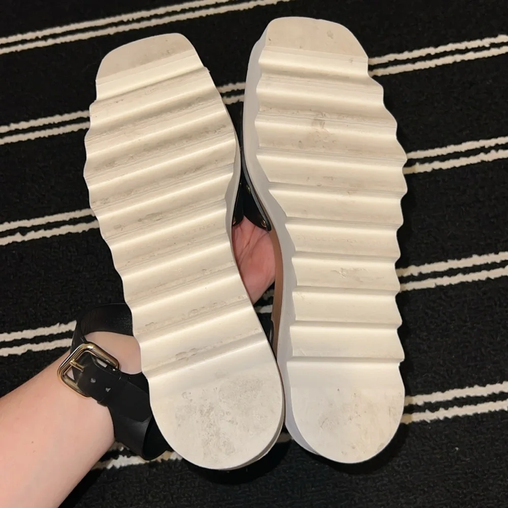 Stella McCartney Black White Elyse Wedge Wood Platform Buckle Sandals